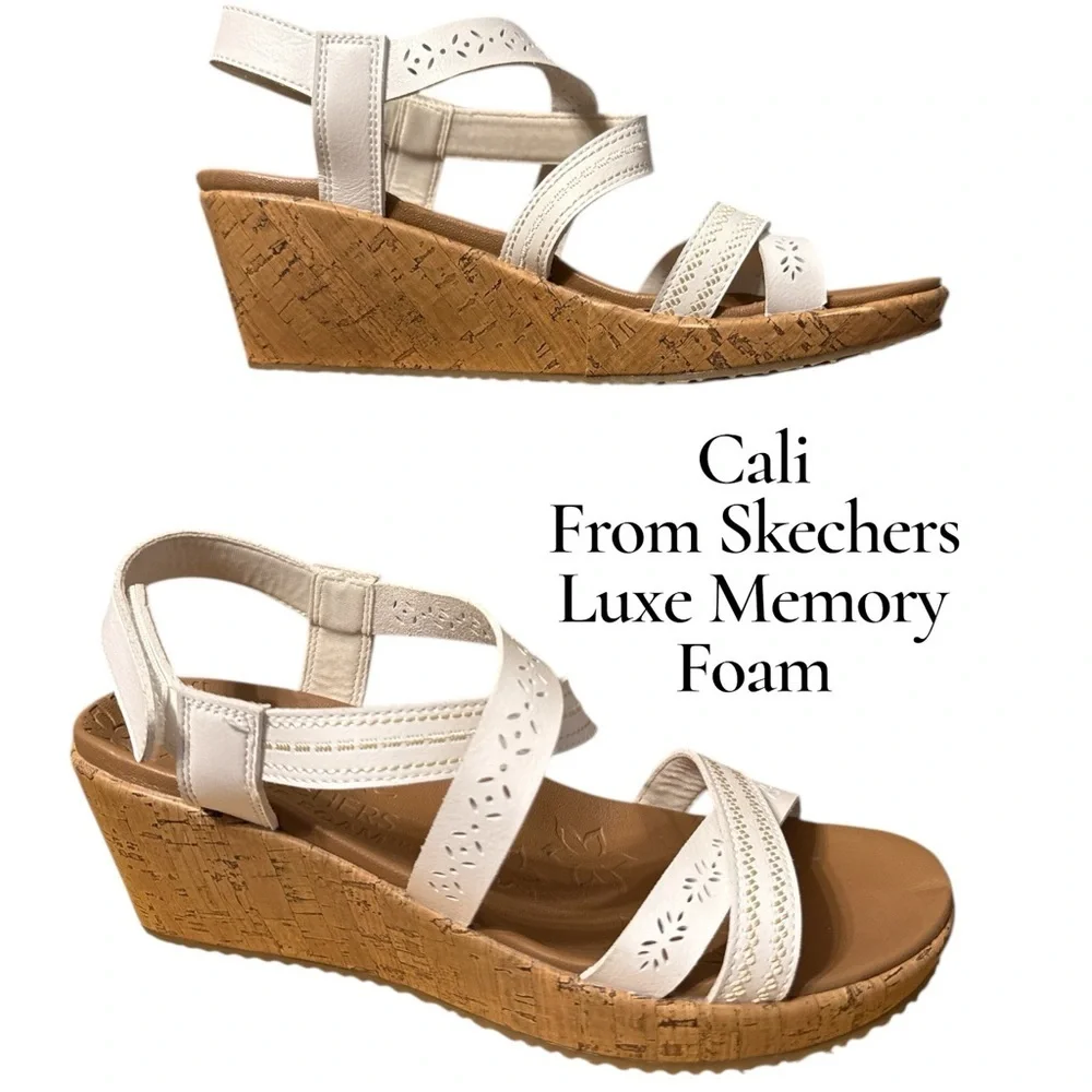 Skechers Cali White Luxe Memory Foam Comfortable Cork Wedge Sandals White 9.5–10